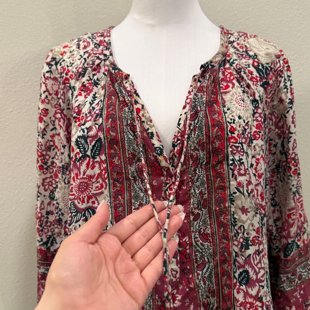 Lucky Brand Boho Red Cream Floral Tunic Top Peasant Blouse Medium Flowy Folk - Picture 5 of 9